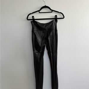 SPANX Black Shiny Faux-Leather Leggings with Red Brand Tag